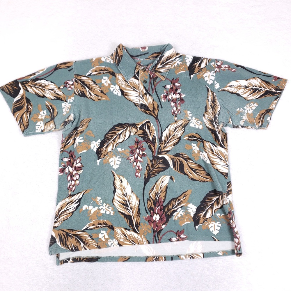 STRAIGHT DOWN Polo Shirt Men L Vintage Tropical Floral Greenish Gray Made In USA